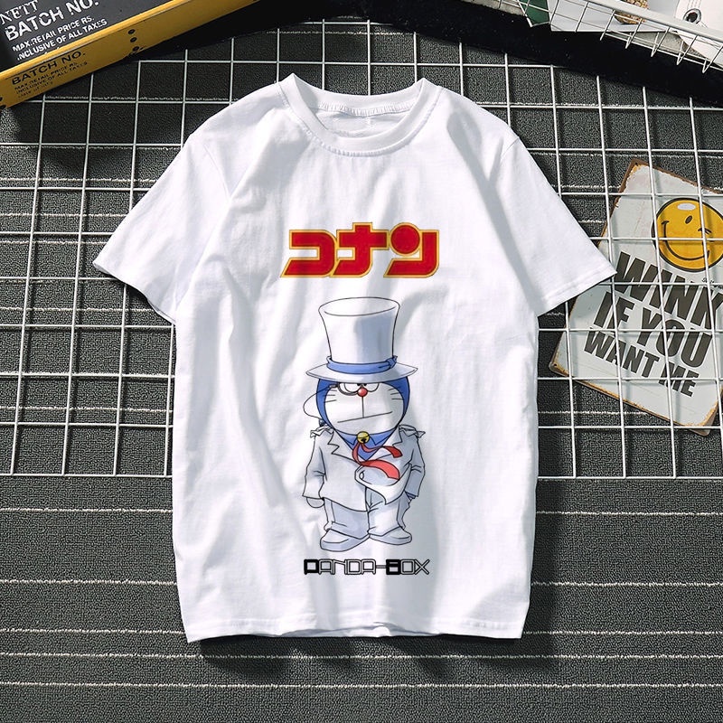 Áo thun tay ngắn cổ tròn dáng rộng họa tiết Doraemon hoạt hình đáng yêu dễ phối đồ dành cho học sinh nam và nữ