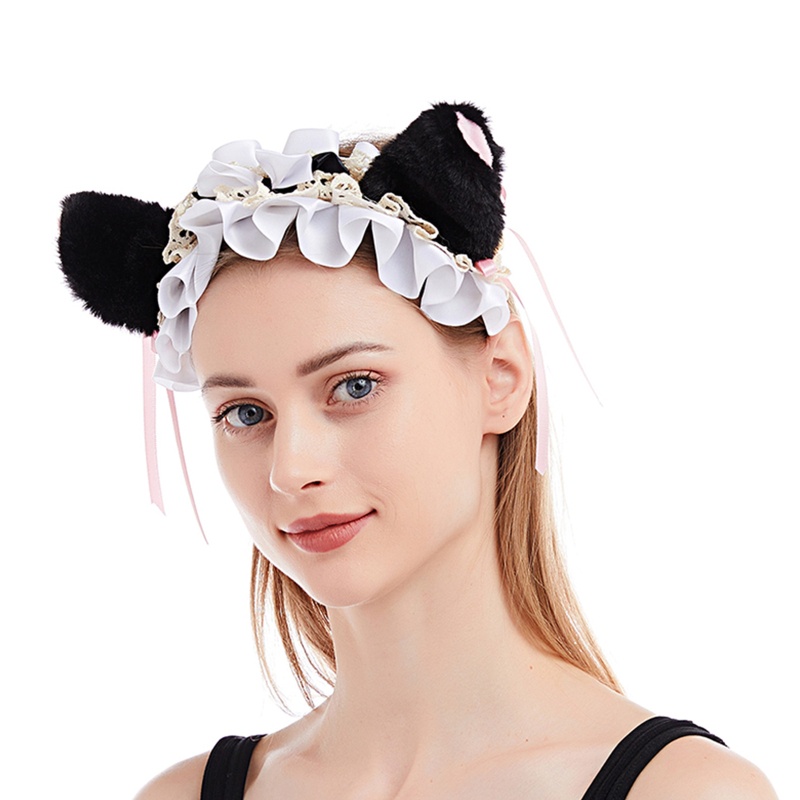 Băng Đô Tai Mèo Phối Ren Xếp Ly Kiểu Dáng Ngọt Ngào Dành Cho Nữ