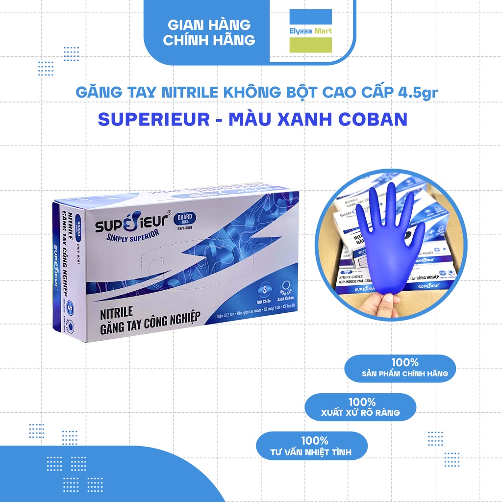 Găng Tay Nitrile Superieur Không Bột Cao Cấp Màu Xanh Coban 4.5gr (Hộp 100 Chiếc)