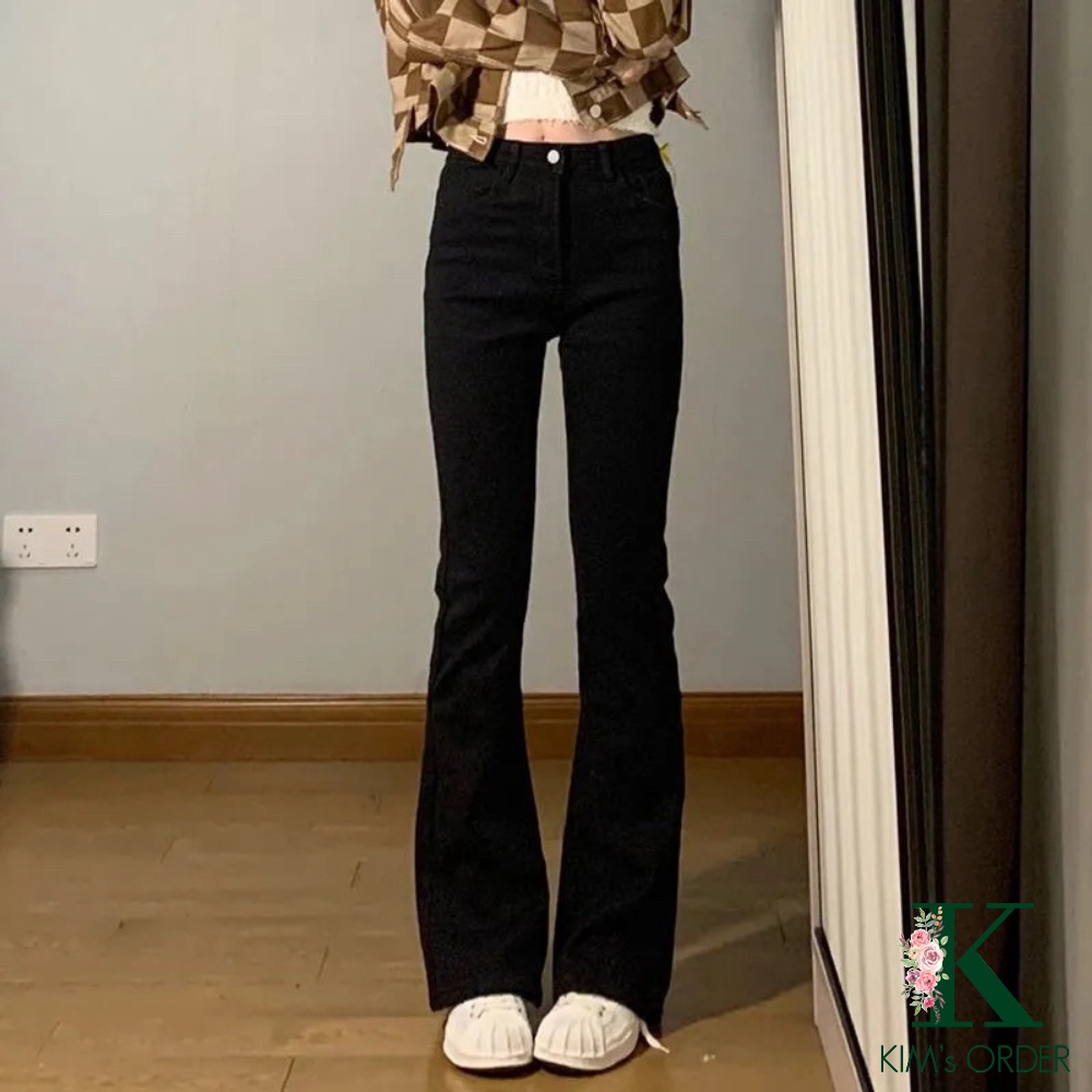 Quần Jeans Nữ Màu Nâu Đen Ống Loe Lưng Cao Cạp 1 Cúc Chất Jean Kaki Loại 1 Lên Phom Style Hàn Quốc, Tặng Dây Tóc