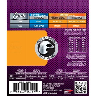 Bộ dây đàn Elixir Acoustic Guitar String Phosphor Bronze with NANOWEB LIGHT 12-53 (16052)