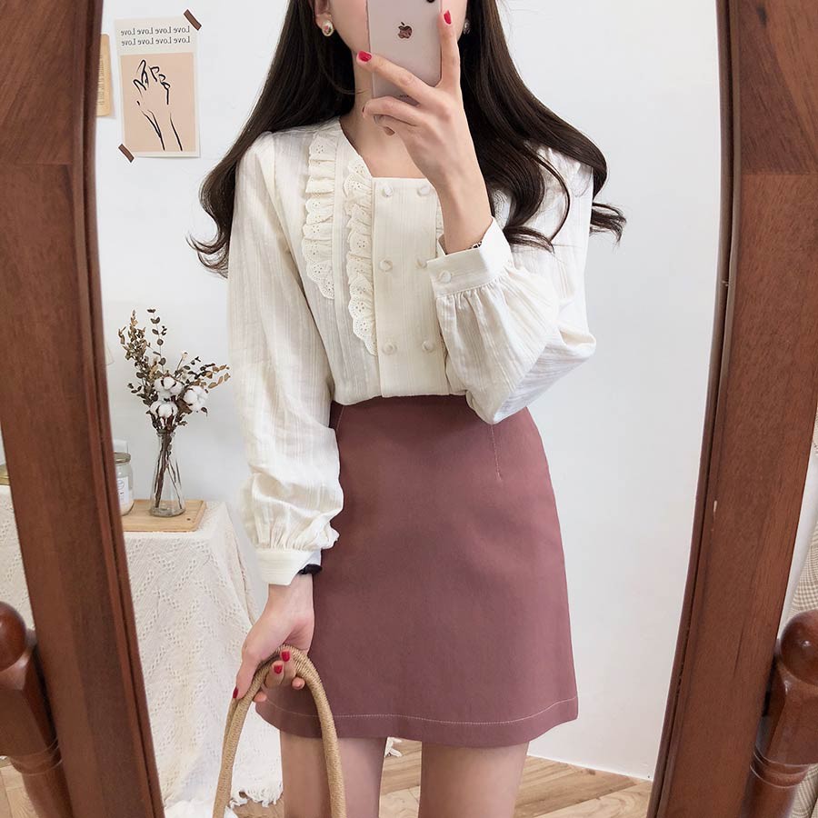 Áo Sơ Mi Tay Dài Dáng Rộng Màu Trơn Phối Bèo Thời Trang Cho Nữ 27361