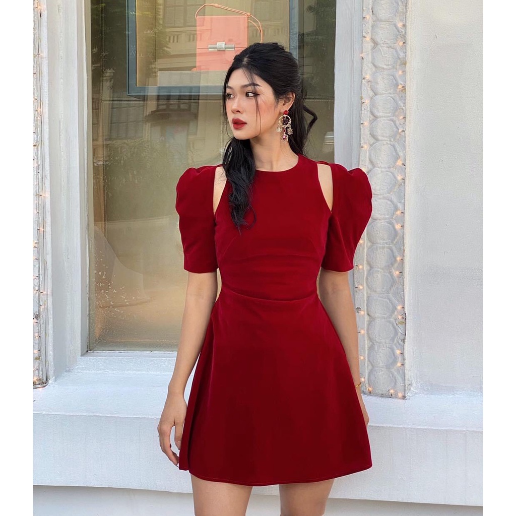 Đầm nhung khoét vai 2 màu 2 lớp dây dặn mặc tết siêu đáng yêu - Alina Dress
