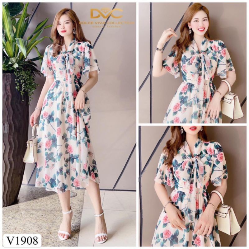 váy xèo hoa hồng cổ nơ đẹp