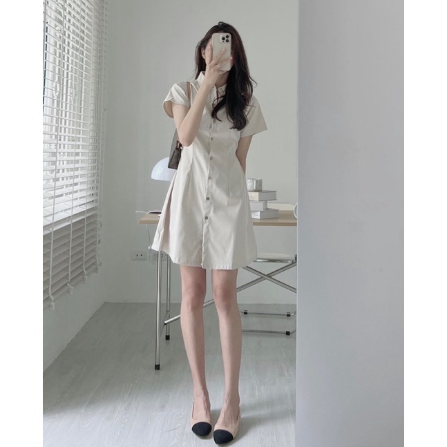 [Ảnh thật/Video]Váy sơ mi cộc tay cổ đức thiết kế cúc gỗ siêu Hàn Quốc Đầm sơ mi dáng ngắn dễ mặc