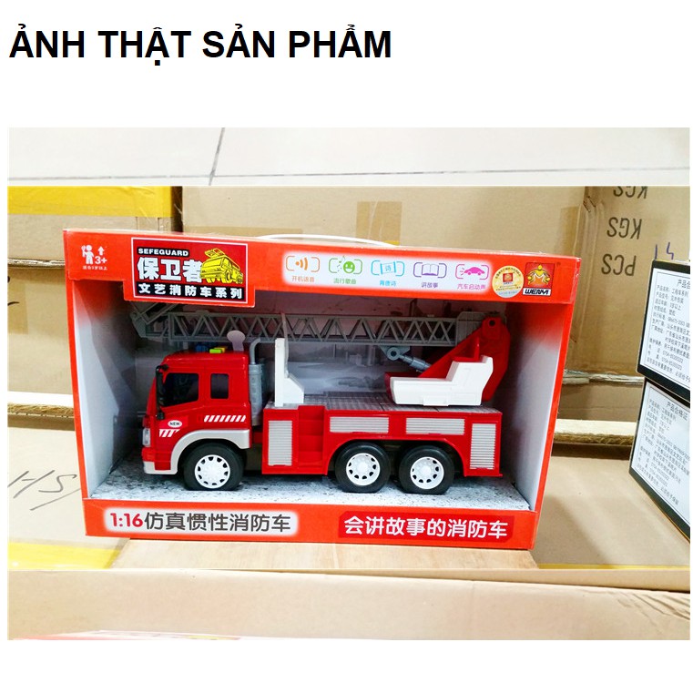 Mô hình xe cứu hỏa có thang rút đồ chơi trẻ em mô hình tỉ lệ 1:16 bằng nhựa có âm thanh và đèn