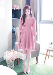 Đầm xoè hồng tay loa thắt nơ, váy dạo phố dịu dàng (kèm hình thật)