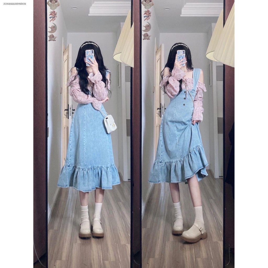Bộ Áo + Chân Váy Yếm Denim In Họa Tiết Hoa Phong Cách Hàn Quốc Dễ Phối Đồ Thời Trang Cho Nữ