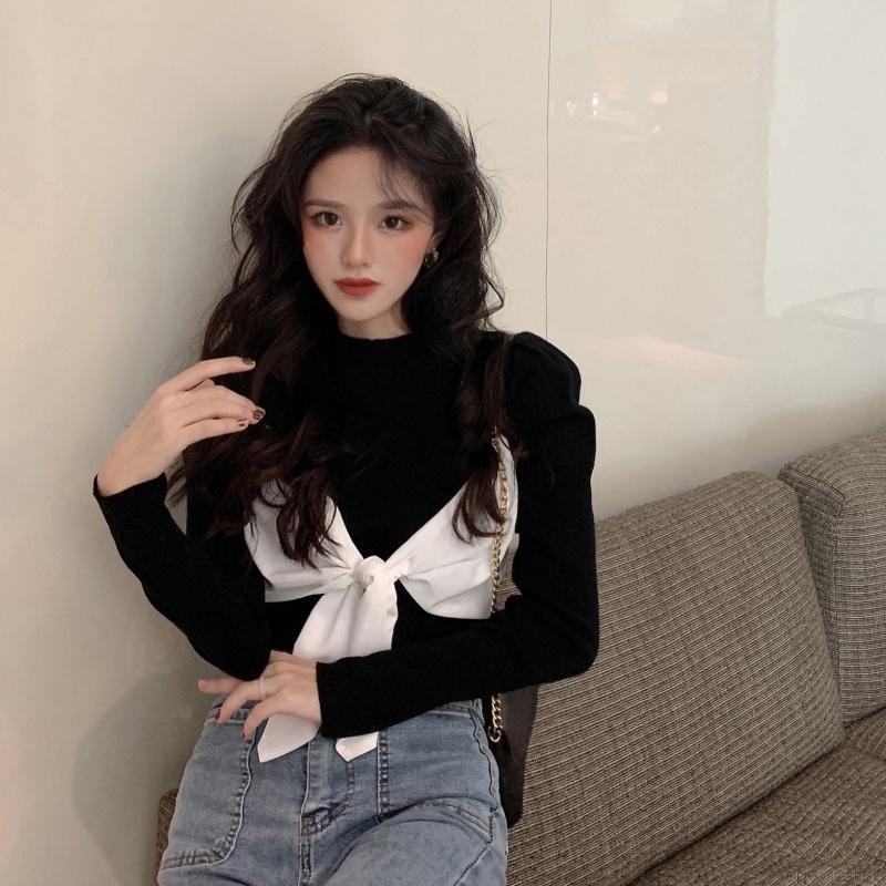 Áo nữ tay dài đính nơ thời trang thanh lịch