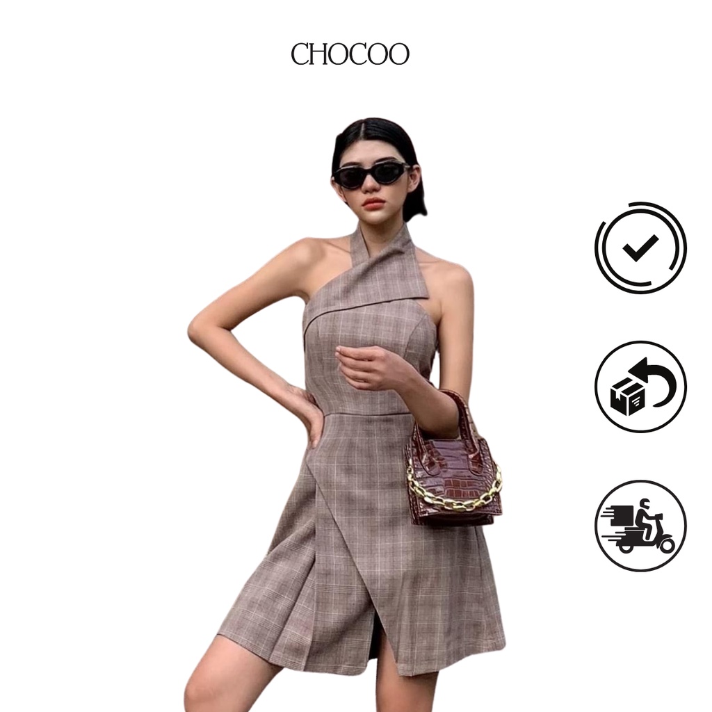 Váy thiết kế CHOCOO Maryann caro cổ yếm cách điệu chất liệu cao cấp