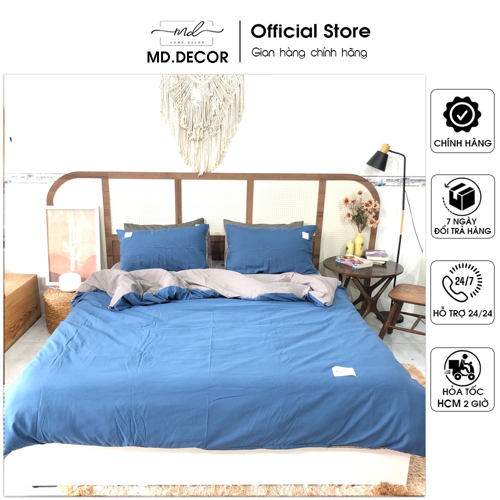 Bộ chăn ga gối cotton tici MD.Decor màu xanh dương phối xám nhiều kích thước nệm m2,m4,m6,m8