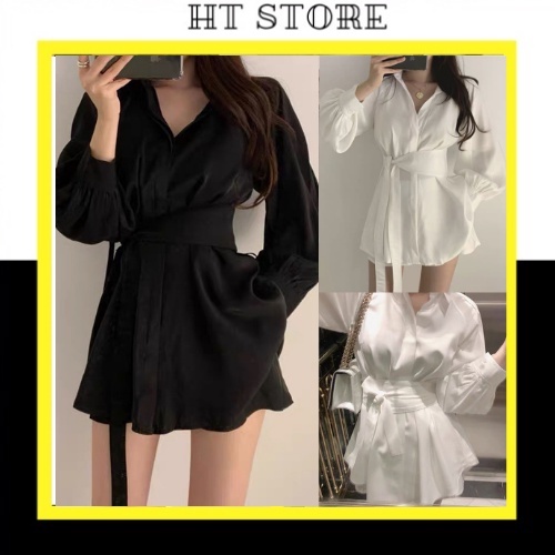 Set Bộ Nữ Váy Sơ Mi Đũi Trắng Đen Dáng Suông Dài Tay Mix Quần Đùi Tiểu Thư kèm đai buộc Tôn Dáng 2 màu X002 - HT STORE
