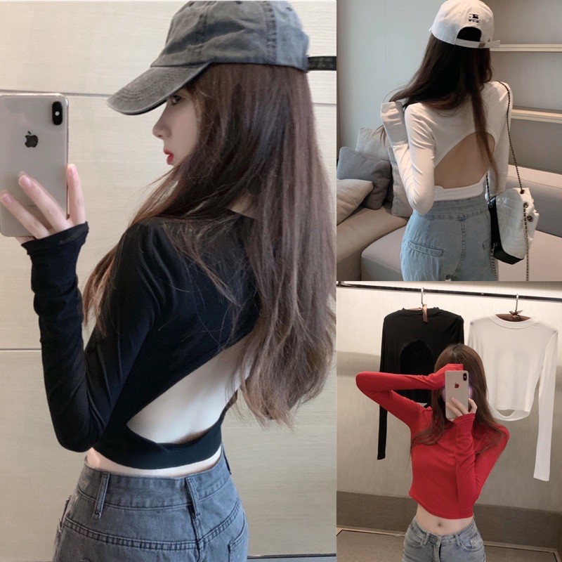 Áo thun croptop tay dài khoét lưng ,Áo kiểu khoét lưng