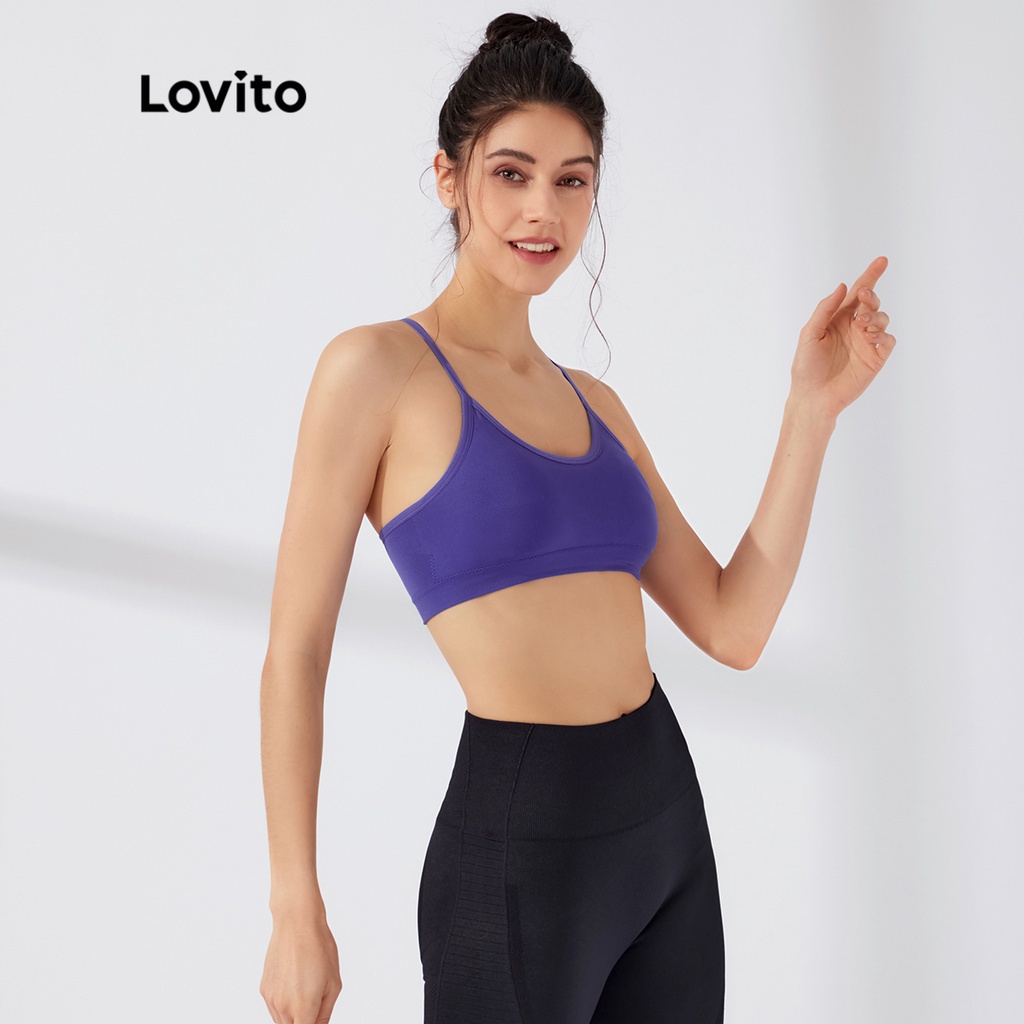 Áo ngực thể thao Lovito màu trơn dây đai chéo dạng ngắn có miếng lót tháo gỡ được L23AD005 (màu xanh lam)