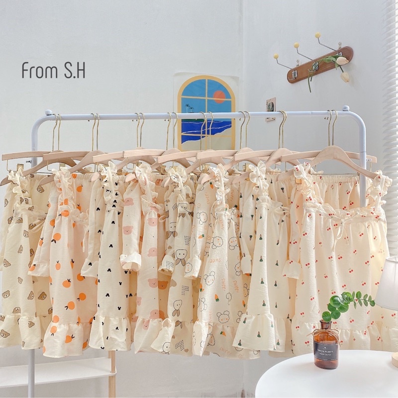 Bộ ngủ xinh hai dây chất đũi xốp siêu mát mặc nhà