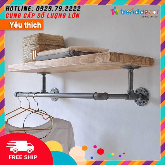 Kệ gỗ treo tường kệ ống nước giá để sách kiêm treo quần áo decor vintage trang trí nhà, quán cafe