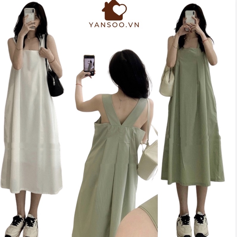 Đầm , váy hai dây bản to chéo lưng dáng dài đi biển cực xinh , váy maxi đi biển màu xanh min hót nhất năm by YANSOO -sẵn