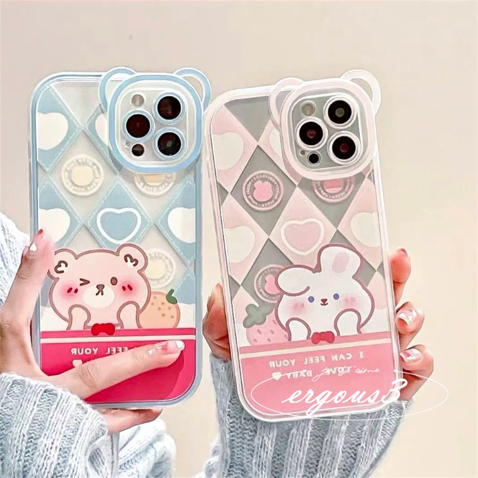 Ốp Điện Thoại Mềm Họa Tiết Gấu Hồng Kẻ Ô Cho iPhone 14 13 12 11 Pro Max SE2020 X XR Xs Max 7 8 6 6s Plus