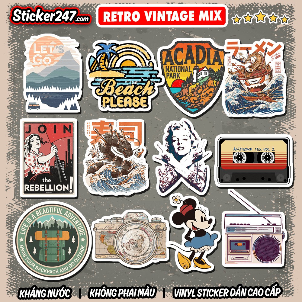 Sticker Retro Vintage Mix chủ đề 🌈𝑭𝒓𝒆𝒆𝒔𝒉𝒊𝒑 chống nước, hình decal dán laptop, ipad, mũ bảo hiểm,vali, đàn guitar, ipad