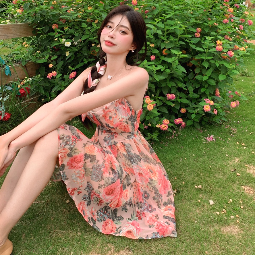 Đầm công chúa PERTY hai dây in họa tiết hoa thời trang đi biển Hàn Quốc xinh xắn dành cho nữ