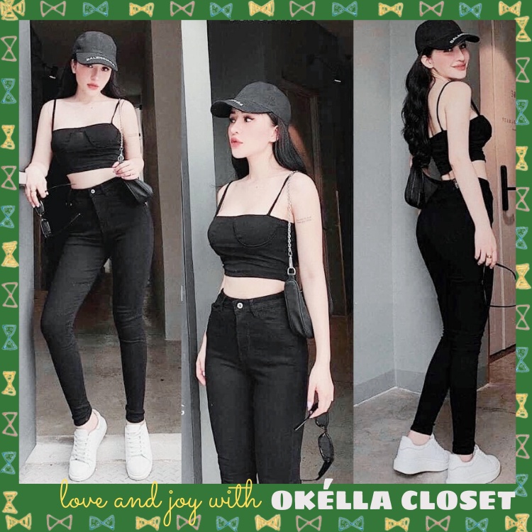 Quần jean nữ lưng cao, Quần Skinny Basic chất liệu bò giấy dày dặn co giãn 4 chiều Okella