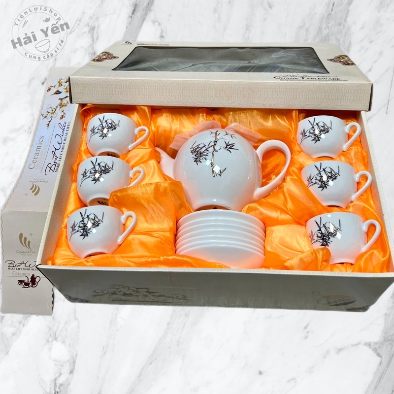 BỘ ẤM VÀ TÁCH TRÀ SỨ TRÁNG MEN CAO CẤP HÀN QUỐC GỒM 6 TÁCH kèm 7dĩa LÀM QUÀ TẶNG TUYỆT VỜI