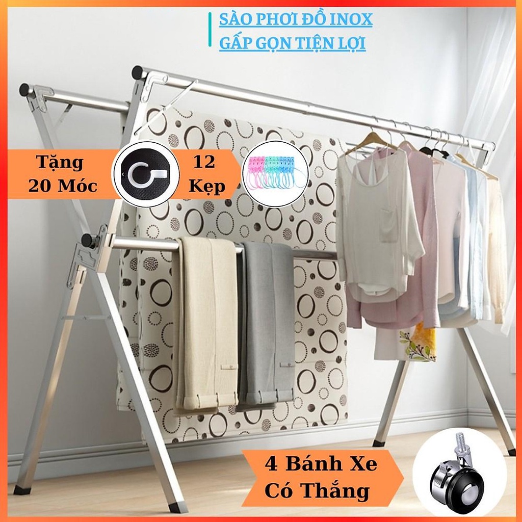 Sào Phơi Đồ Inox Thông Minh SP16, Cải Tiến Bánh Xe, Cây Gấp gọn, Giá Giàn Phơi Có Quà Tặng Móc Treo Đồ - 2,4m + Bánh xe