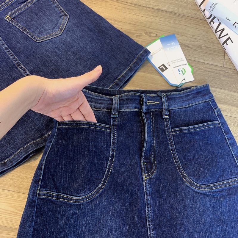 Chân Váy Jeans Chữ A Co Dãn 2 Túi Cạp Cao