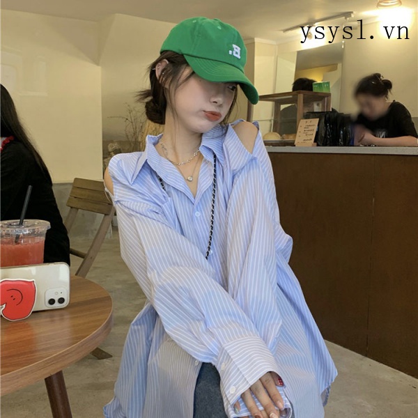 Áo Sơ Mi Tay Dài Hở Vai Họa Tiết Kẻ Sọc Màu Xanh Dương Phong Cách Retro Thời Trang Mùa Thu Cho Nữ