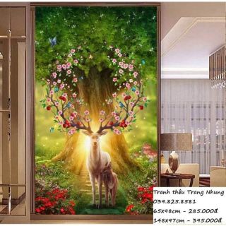 Tranh thêu chữ thập Hươu tài lộc