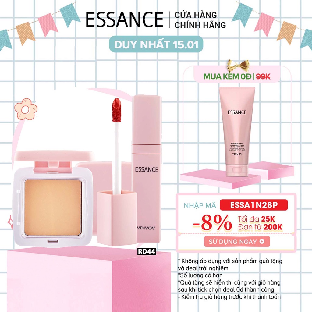 [Mã COSLG5 giảm 10%]Combo Phấn phủ mịn mượt Essance Silky Pact 11g và son kem Soft Lip Liquid 3g (màu RD44 Strawberry)