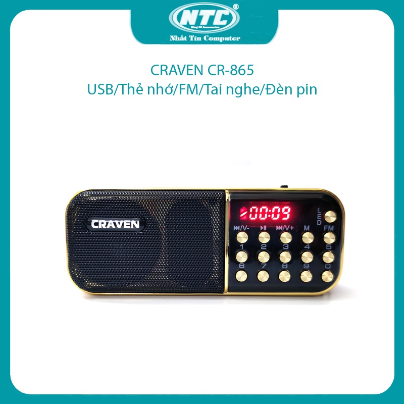 Loa đài FM Craven CR-865 hỗ trợ Thẻ nhớ/ USB/ Tai nghe/ Đèn pin - dùng pin rời 18650 (Đen đỏ) Nhất Tín Computer
