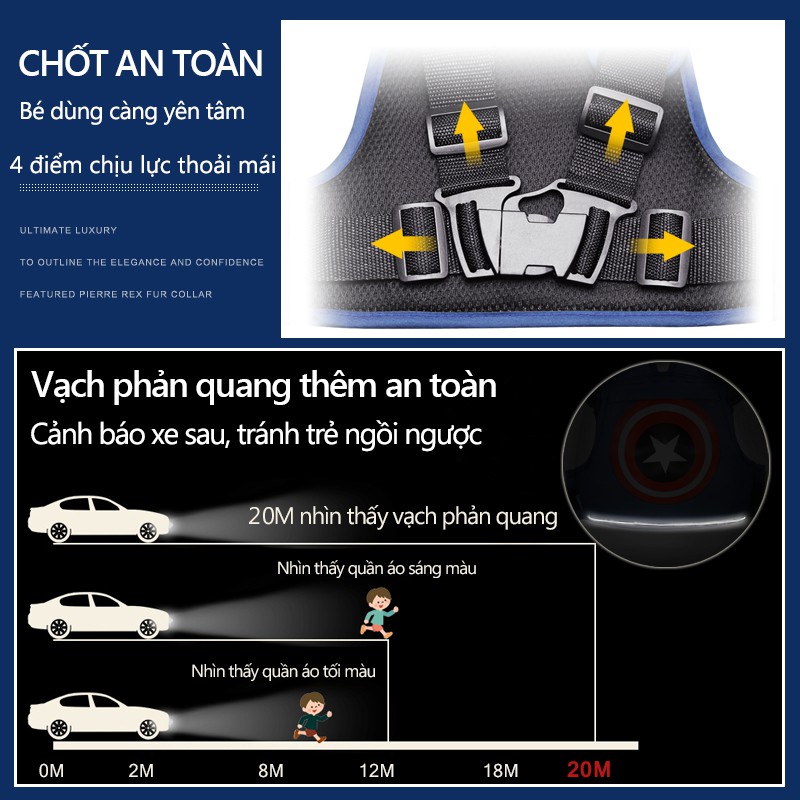 Đai an toàn đai đi xe máy trẻ em hiệu có túi balo có vạch phản quang 2 màu sắc xanh MA16/MA17