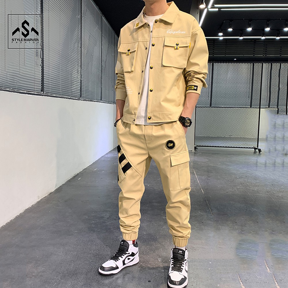 Bộ đồ nam kaki dài tay cổ bẻ túi hộp kết hợp quần jogger sọc bo gấu cá tính STYLE MARVEN SET NAM 90000124