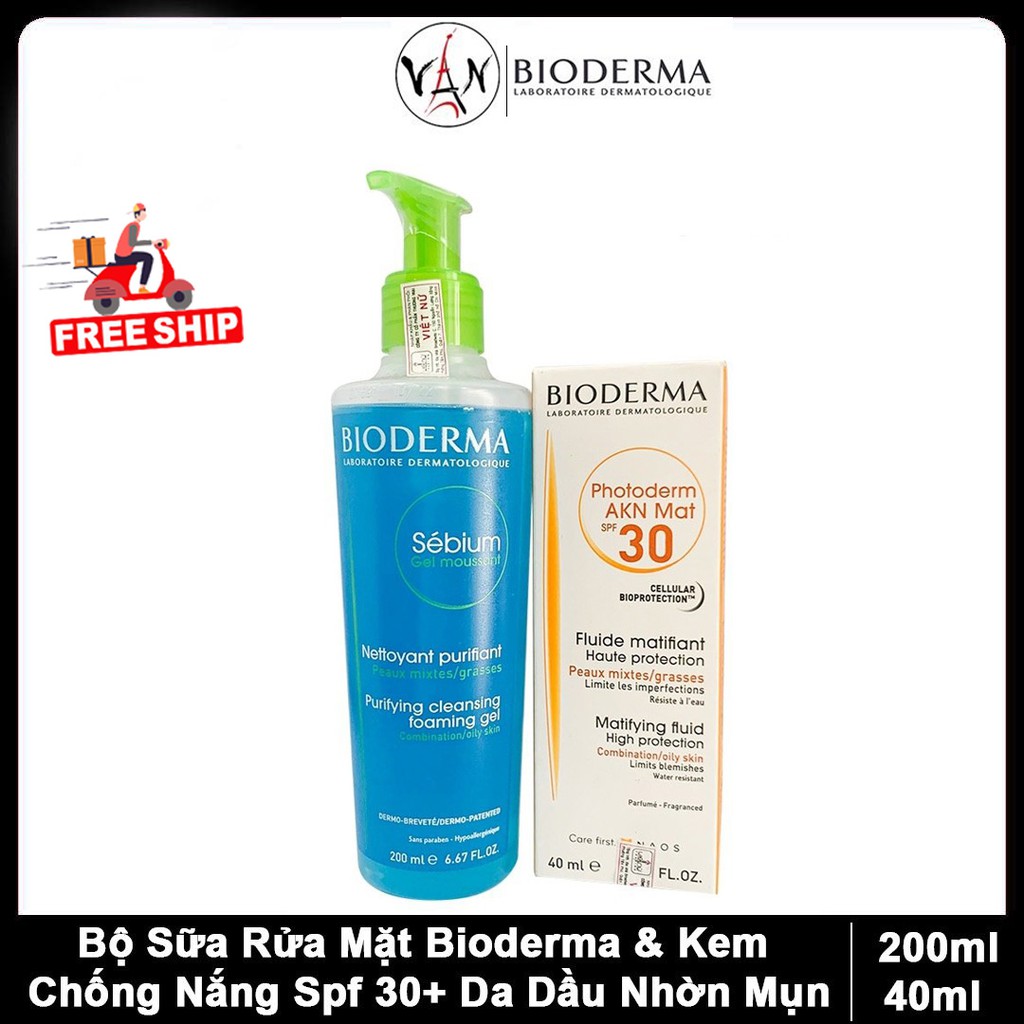 [Combo Bioderma ] Sữa rửa mặt bioderma 200ml& kem chống nắng photoderm AKN Mat SPF30+ 40ML dành cho da dầu nhờn mun