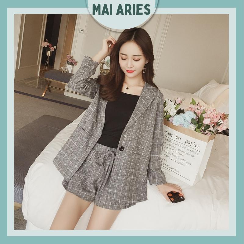 Set Vest Nữ Quần Đùi Blazer Nữ Tay Dài Hàn Quốc Áo Vest Quần Short Kẻ Caro Công Sở Trẻ Xinh Cao Cấp M102 Mai Aries