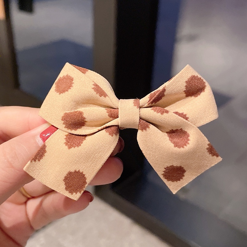 Kẹp Tóc Nơ Họa Tiết Chấm Bi Màu Cà Phê Phong Cách Hàn Quốc Dễ Thương Thời Trang Cho Bé Gái