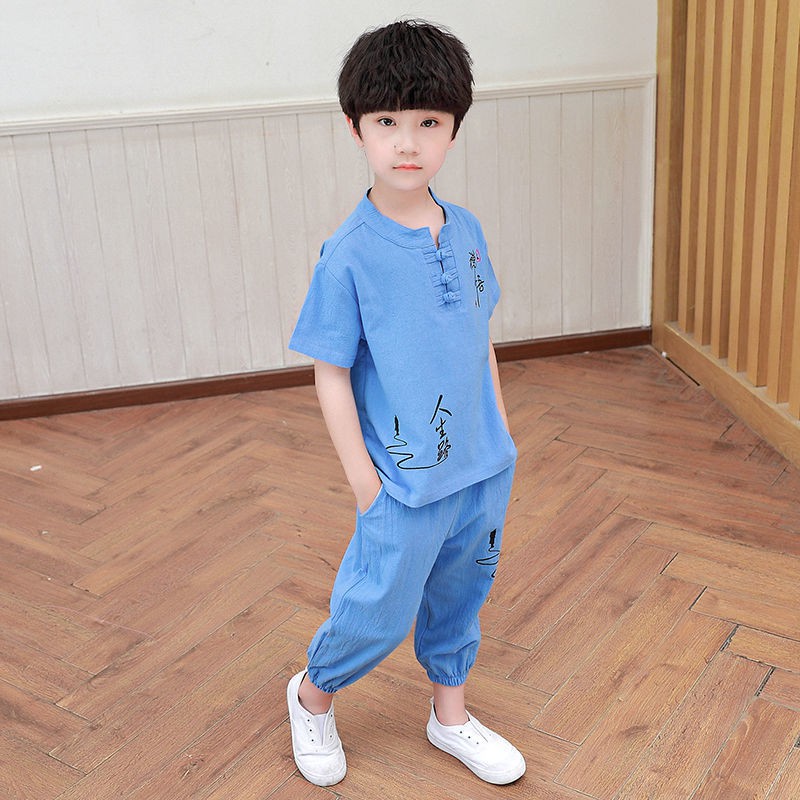 năm 2021 bé trai mới lớn Bộ đồ cotton và lanh kiểu Trung Quốc, áo ngắn tay cho trẻ em niên, quần chín điểm, Tang h