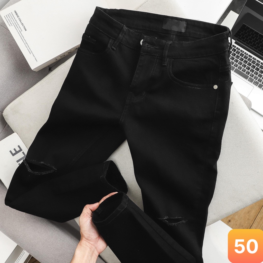 Quần jeans nam màu đen trơn rách gối chất liệu bò jean cao cấp co dãn 4 chiều đẹp form rin skinny LAVADO102