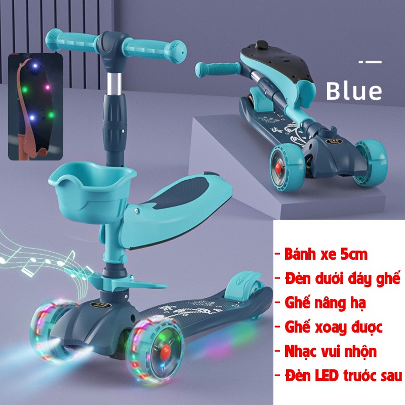 {Bản Cao Cấp nhựa ABS} Xe scooter 3 bánh tự cân bằng, có ghế gấp gọn, có nhạc và đèn chiếu sáng (xanh)