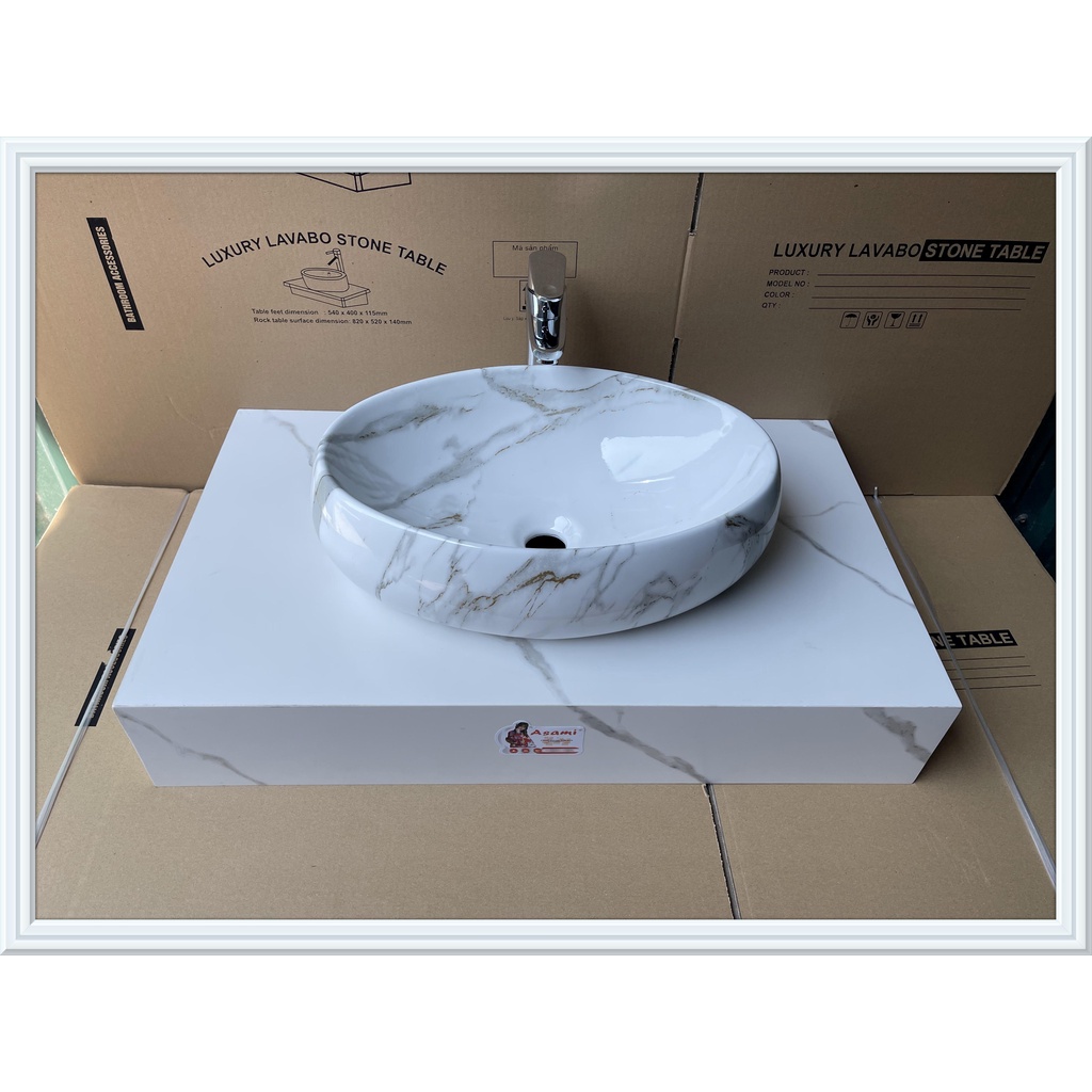 Chậu rửa mặt - Lavabo elip đặt bàn họa tiết vân đá trắng KT 50x31, 40x30cm