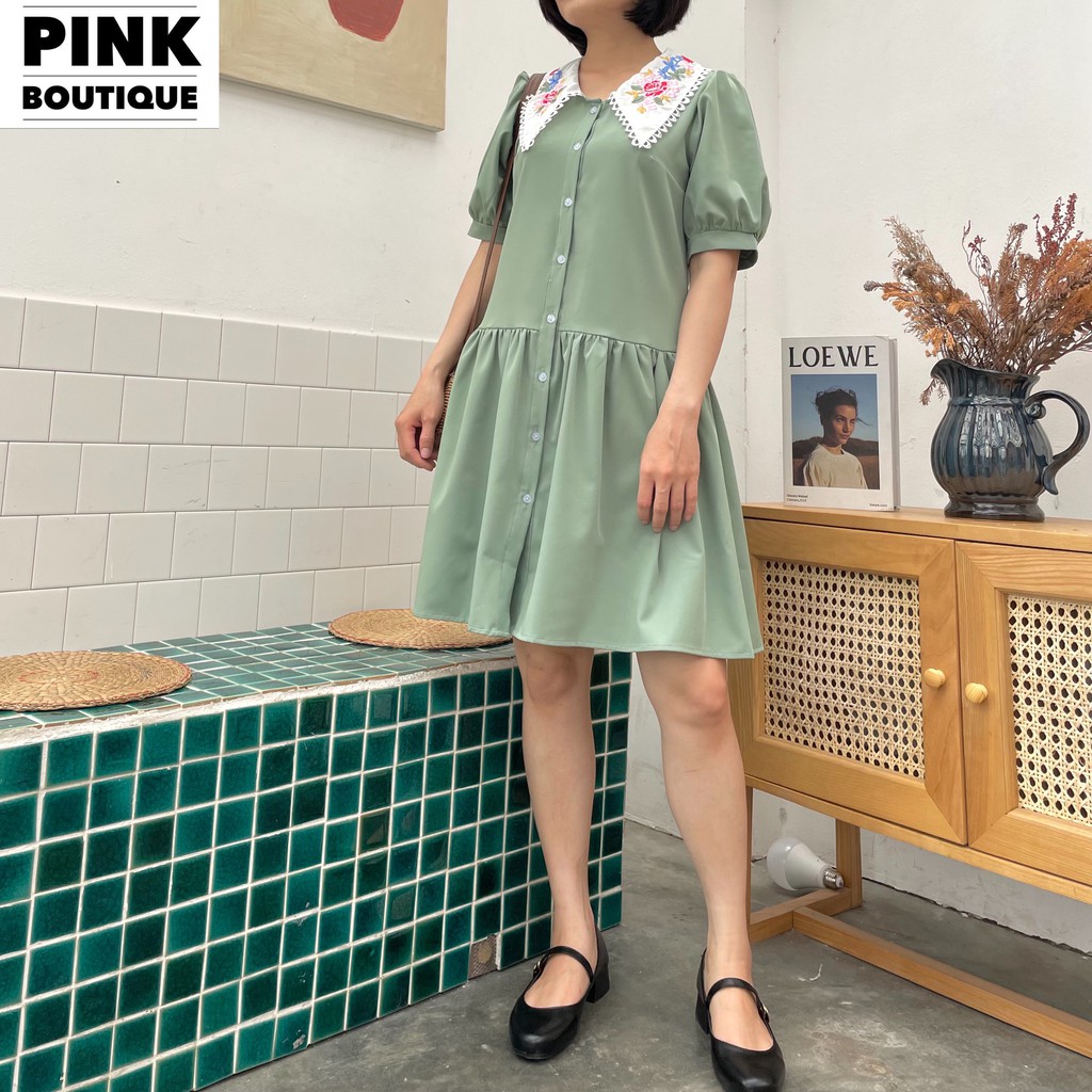 Váy Xuông Vintage Đuôi Cá, Đầm Dáng Suông Tay Ngắn Phồng Cài Cúc Thiết Kế PINKBOUTIQUE