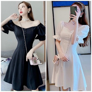Đầm váy cổ vuông nút bọc 2 màu
