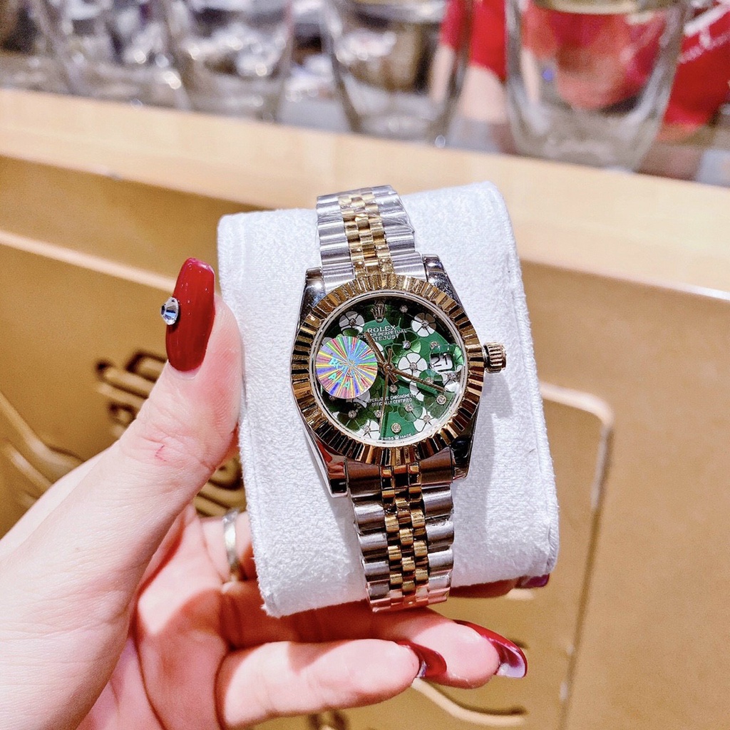 Đồng Hồ Nữ  rolex dây thép mặt hoa 3d , viền khía , size 32mm , máy pin