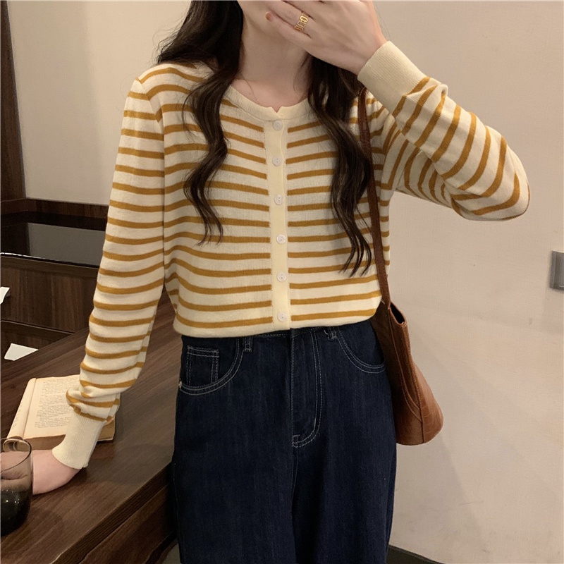 Áo Khoác Cardigan Dệt Kim Dáng Rộng Họa Tiết Kẻ Sọc Thời Trang Xuân Thu Phong Cách Hàn Quốc Mới Cho Nữ