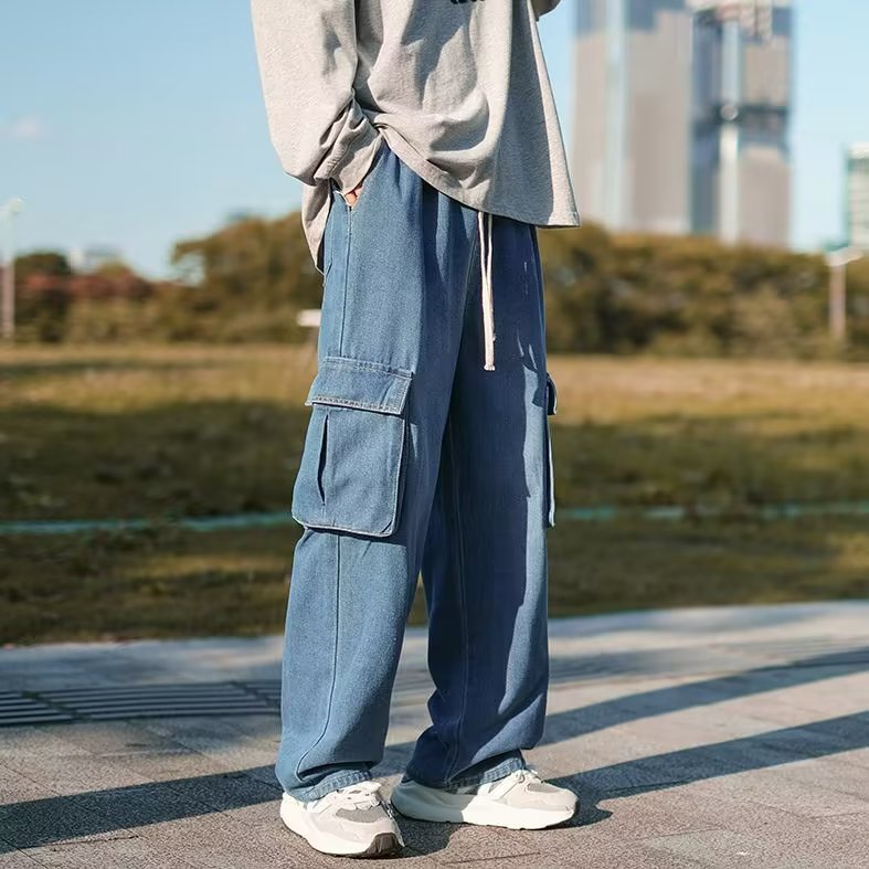 Quần Jean Dài Oversize Chống Mài Mòn Phối Túi Lớn Phong Cách hip hop Đường Phố Hàn Quốc Cho Nam Size S-3XL