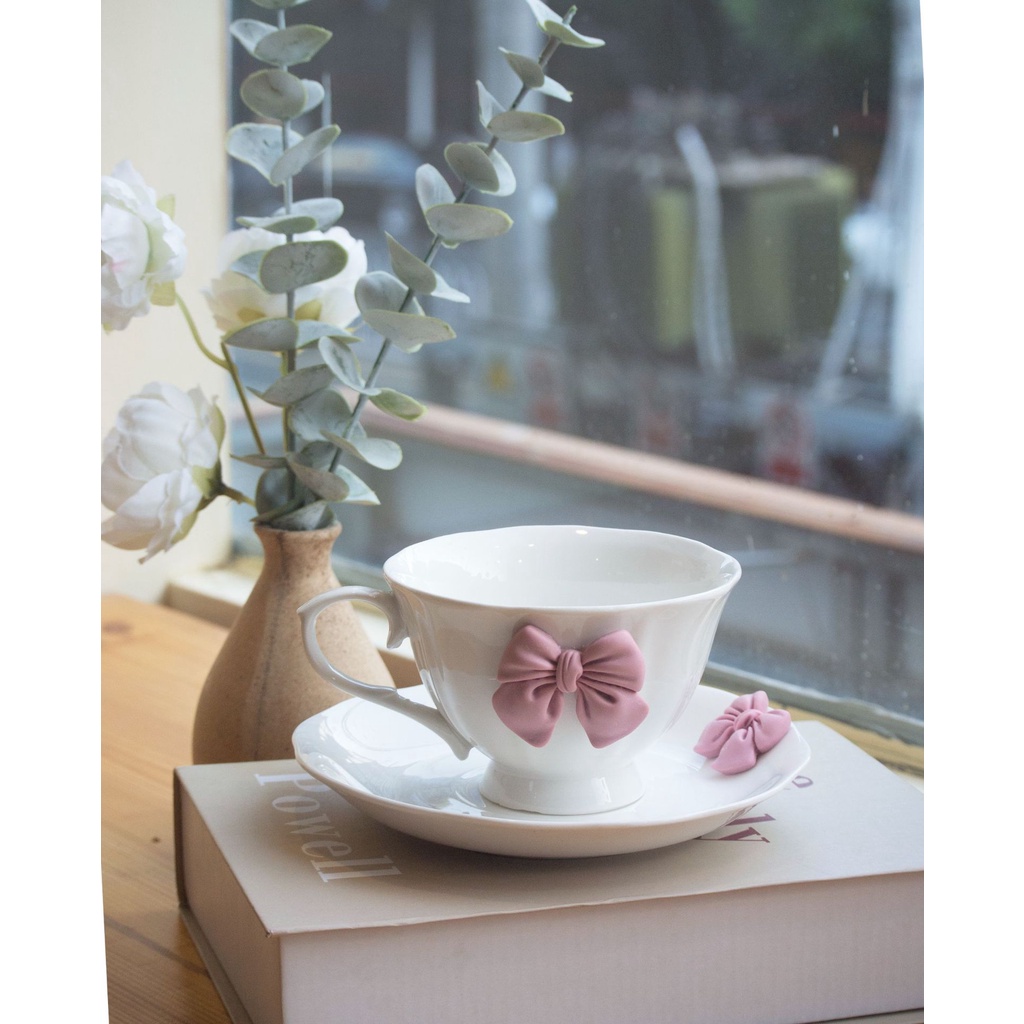 Bộ Tách Uống Trà/Cà Phê Bằng Gốm Sứ Họa Tiết Hoa Và Nơ Phong Cách Bắc Âu