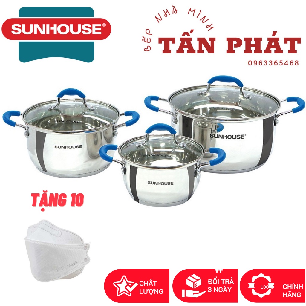 Bộ 3 nồi Inox 5 đáy SUNHOUSE SHG2503MBD 16-20-24CM (DÙNG MỌI LOẠI BẾP) TẶNG 10 KHẨU TRANG