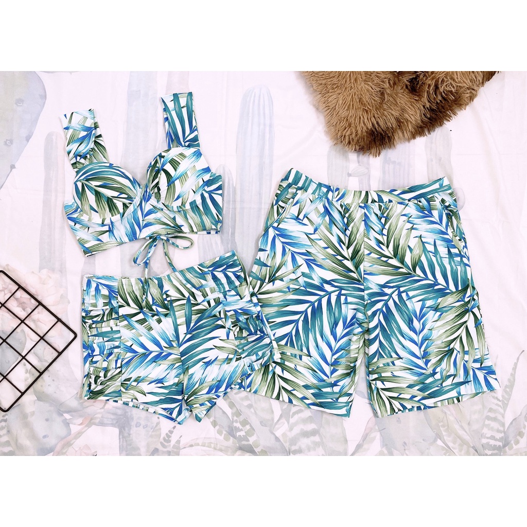 (Ảnh thật) BIKINI ĐỒ ĐÔI NỮ quần bơi nam họa tiết lá xanh mùa hè đi biển, cotton lạnh mặc thoải mái, Xigon Couple - BI02