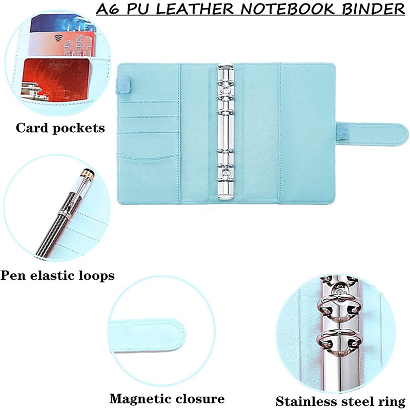 Sổ tay A6 bìa da PU có 6 vòng giữ giấy ghi chú lên kế hoạch kèm túi đựng